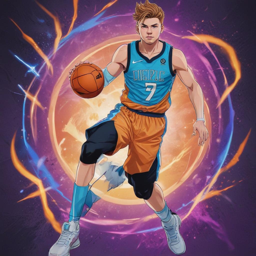 distance-shot, flashy, full-body, dynamic, holographic, animated cartoon poster of luka doncic in the style of dragon ball super