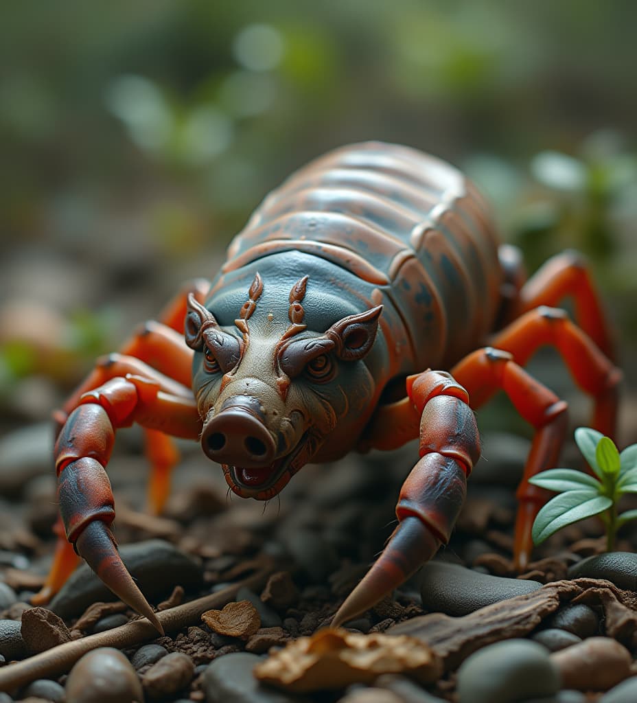  a realistic image of a hybrid creature between a pig and a scorpion living in its natural environment, high quality, high details, hd, perfect composition, 4k epic detailed, highly detailed, sharp focus, high resolution