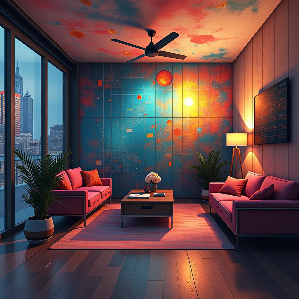  real estate photography style modern acrylic painting, abstract display of information, embodiment of mathematics and digital matrices, color electron, whimsical atmosphere, ((surrealism)), (abstract), intricate brush strokes, beautiful lighting, intricate details, unreal engine, creative, detailed, colorful, digital art, hw . professional, inviting, well lit, high resolution, property focused, commercial, highly detailed hyperrealistic, full body, detailed clothing, highly detailed, cinematic lighting, stunningly beautiful, intricate, sharp focus, f/1. 8, 85mm, (centered image composition), (professionally color graded), ((bright soft diffused light)), volumetric fog, trending on instagram, trending on tumblr, HDR 4K, 8K