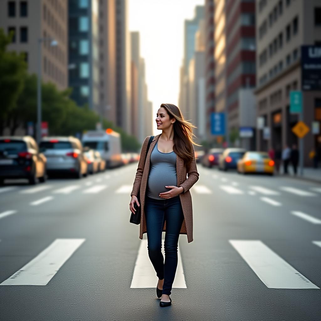  a pregnant woman is walking down the street in a big city.