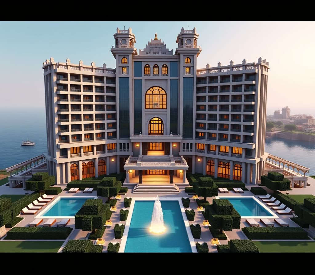  cinematic photo “create an image of the most impressive and exciting hotel in minecraft. the hotel should be huge, with carefully designed architectural elements including several floors, luxurious balconies, glass facades, spacious lounges and unique towers. each element of the building should be detailed: from the majestic entrance with columns to stylish windows with decorative frames. exterior walls can be made from a combination of different textures such as stone, wood and glass to create a spectacular contrast. the area around the hotel should be extensive and include well maintained gardens, swimming pools, fountains and paths leading to picturesque places to relax. it is important to provide spaces for outdoor activities such as hyperrealistic, full body, detailed clothing, highly detailed, cinematic lighting, stunningly beautiful, intricate, sharp focus, f/1. 8, 85mm, (centered image composition), (professionally color graded), ((bright soft diffused light)), volumetric fog, trending on instagram, trending on tumblr, HDR 4K, 8K