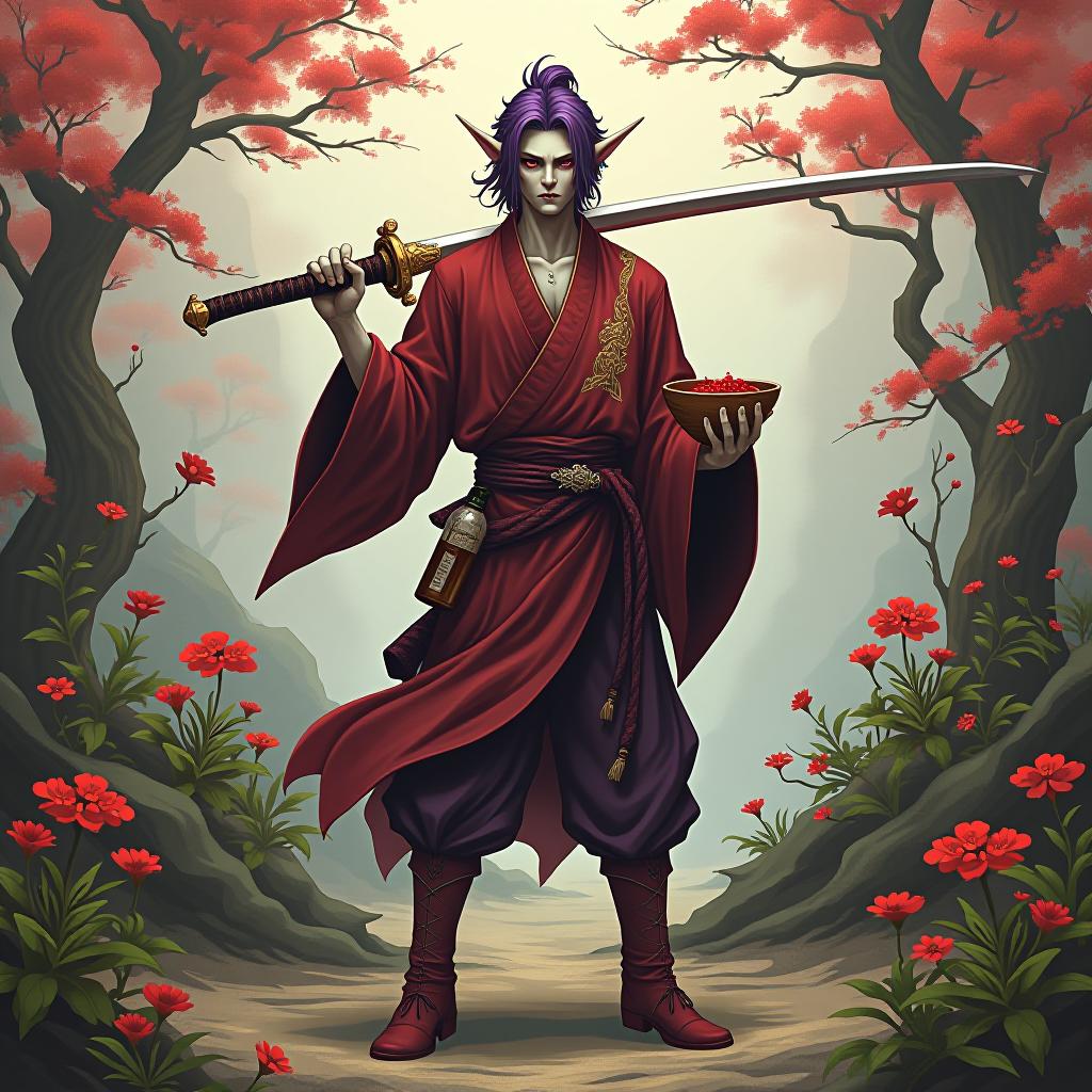  macabre style ringo stands full length in the middle of a clearing surrounded by flowering red licorices, in his left hand ringo holds a wide bowl of sake, filled to the brim with alcohol, and in his right a boarding sword, which he threw over his right shoulder. behind his belt is a bottle of sake. ringo is depicted in full height a young mature dark male elf with marble white skin, purple scarlet hair, ringo wears a disheveled hairstyle of medium length, pointed ear tips, lavender red eyes, dressed in a burgundy shirt with gold embroidery, in addition, he wears a dark red half caftan of snake skin with silver, trousers also made of purple snake skin, light leather leather leather leather leather leather leather boots made of red tear