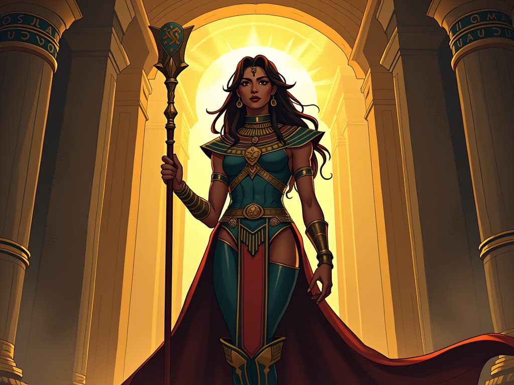  a warrior queen, large busted and in form fitting battle attire, standing resolute with a scepter at the temple's entrance, benben stone glowing behind her, symbolizing guided destiny and influence. the style is digital art illustration / modern comic book / mysterious occult, symbolic, esoteric vibe,high detail on character design, incorporating ancient egyptian symbology and attire.