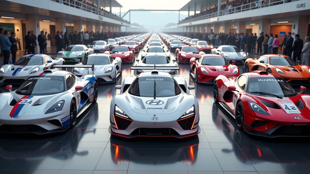  prompt: create an ultra realistic image showcasing the luxury problem facing the endurance world championship due to the manufacturer boom and hypercar influx. in the center, feature a sleek hyundai hypercar, surrounded by a diverse array of hypercars from different manufacturers, all vying for grid slots. show a crowded grid with impeccable attention to detail, emphasizing the challenge of accommodating the increasing number of participants. incorporate brands like hyundai prominently, alongsid