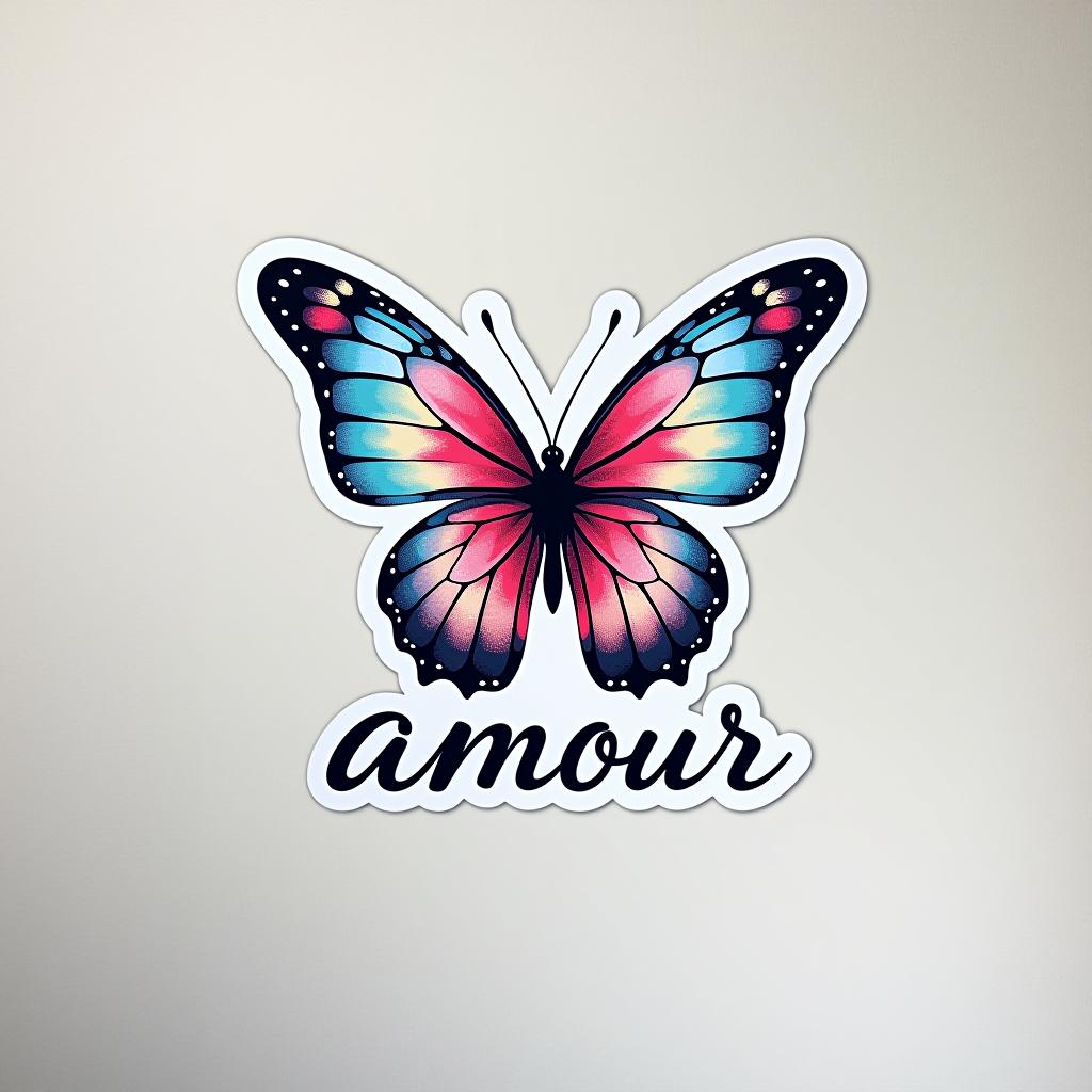  design a logo, design de sticker personnalisé sur un fond blanc isolé décoré par un papillon à l'aquarelle, avec le texte ‘amour’