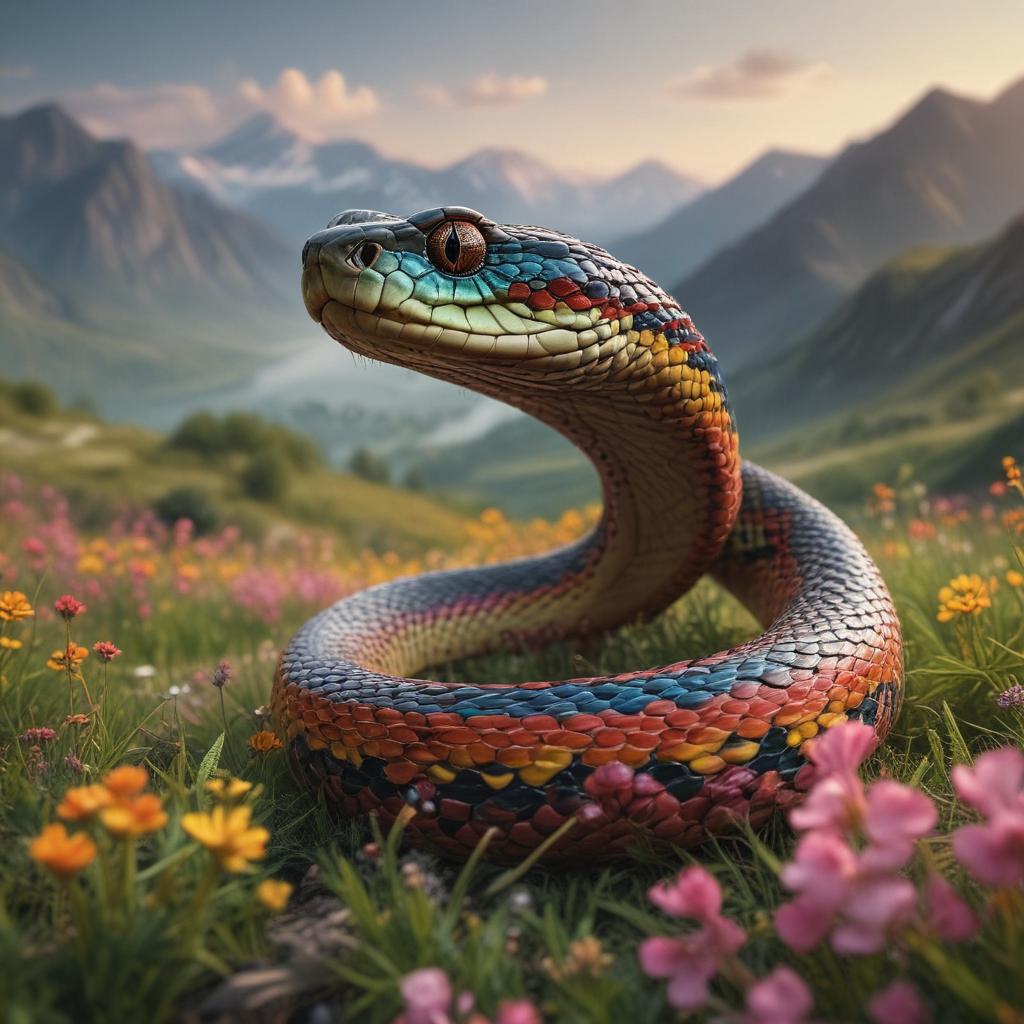 ((masterpiece)),(((best quality))), 8k, high detailed, ultra detailed,A majestic snake, winding its way through a field of flowers, (mountains in the distance), rainbow colors reflecting on its skin hyperrealistic, full body, detailed clothing, highly detailed, cinematic lighting, stunningly beautiful, intricate, sharp focus, f/1. 8, 85mm, (centered image composition), (professionally color graded), ((bright soft diffused light)), volumetric fog, trending on instagram, trending on tumblr, HDR 4K, 8K