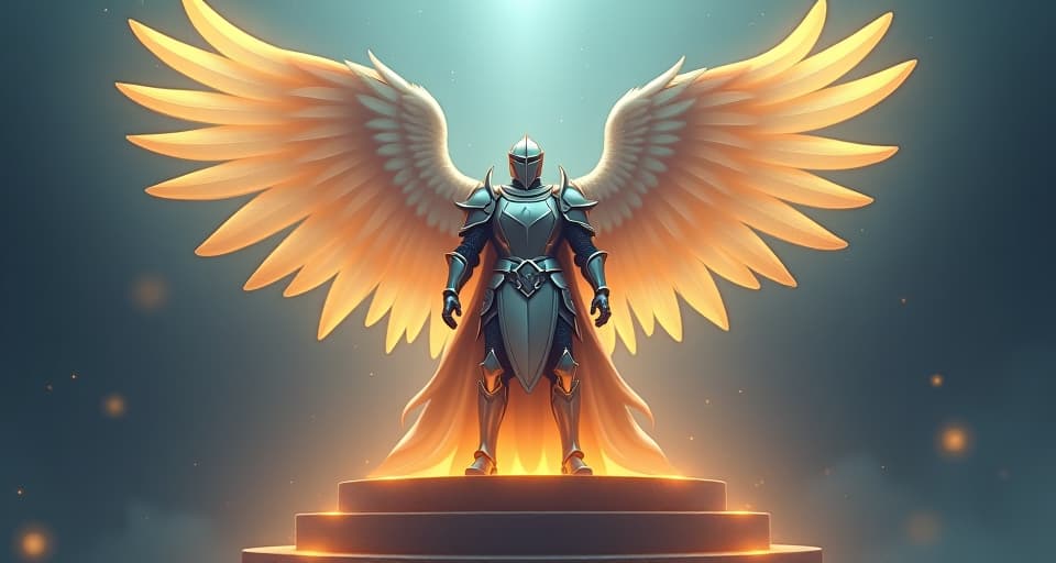  an ethereal knight in radiant armor, standing on a glowing pedestal, triumphant and unyielding. the atmosphere is imposing and indomitable, symbolizing a legend.. the style is digital art illustration,highly detailed, whimsical,magical, dreamlike atmosphere, realism and fantasy blend, smooth, glossy textures,luminous quality, wonder and enchantment.