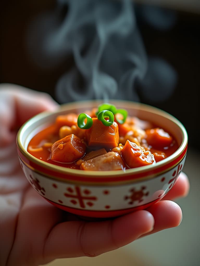  (((person))), (((hand))), miniature red braised pork bowl, chinese cuisine, close up shot, canon 50mm lens, detailed food, steam rising, appetizing, food photography, soft focus background, highly detailed photo, sharp details, best quality, 4k, raw photo