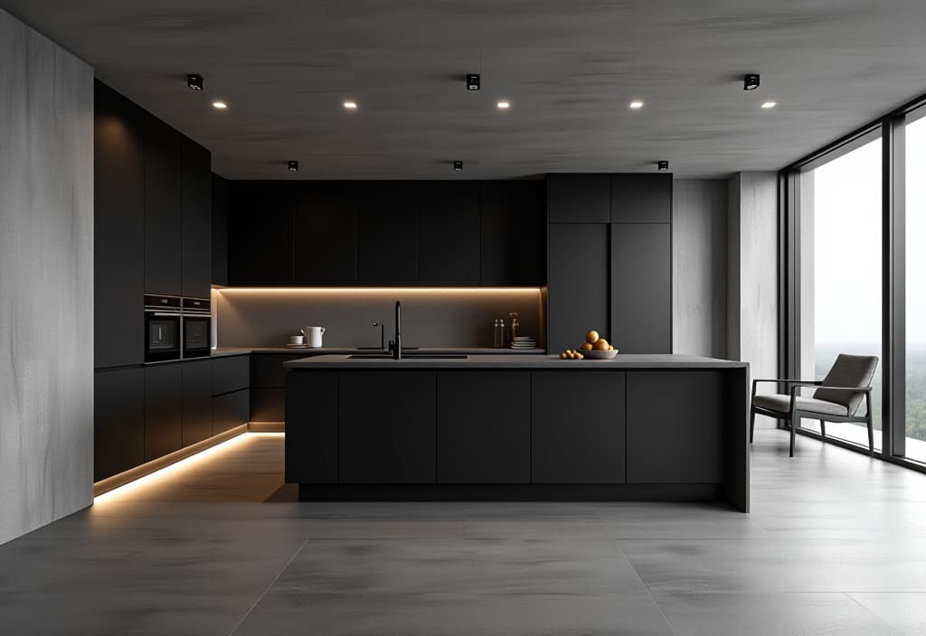  a landscape photo of a contemporary kitchen with a monochromatic color scheme, featuring textured concrete walls, sleek black cabinetry, and a central island with integrated appliances hyperrealistic, full body, detailed clothing, highly detailed, cinematic lighting, stunningly beautiful, intricate, sharp focus, f/1. 8, 85mm, (centered image composition), (professionally color graded), ((bright soft diffused light)), volumetric fog, trending on instagram, trending on tumblr, HDR 4K, 8K