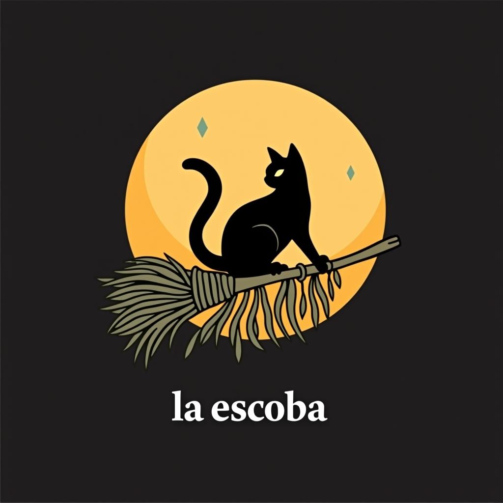  design a logo, in a minimalism style. witchy, moon, black cat silhouette riding on a broom, dried herbs hanging off broom, cottage core aesthetic, crystals,spells, with the text 'la escoba'.