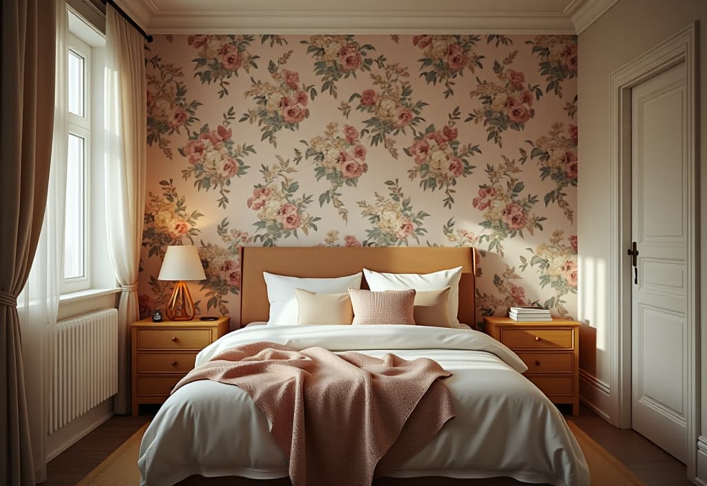  a landscape photo of a cozy bedroom nook featuring removable wallpaper with a delicate floral pattern, perfect for renters or those on a budget hyperrealistic, full body, detailed clothing, highly detailed, cinematic lighting, stunningly beautiful, intricate, sharp focus, f/1. 8, 85mm, (centered image composition), (professionally color graded), ((bright soft diffused light)), volumetric fog, trending on instagram, trending on tumblr, HDR 4K, 8K