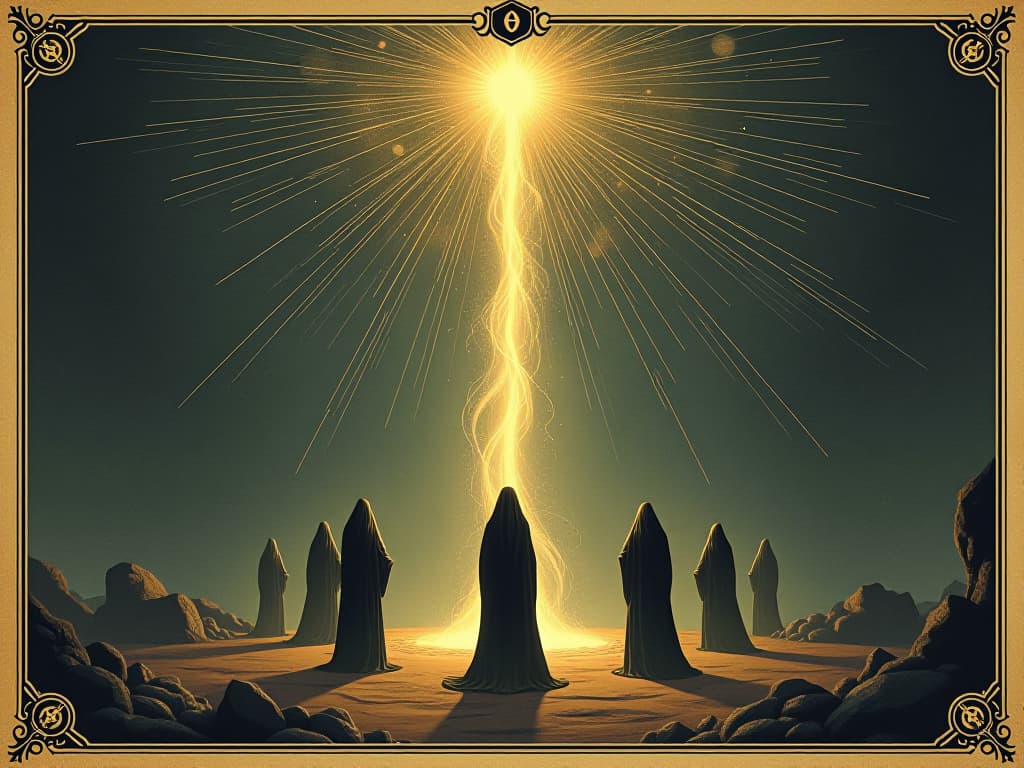  intertwined light beams, group of figures, sense of creation, luminous energy, greater whole. an illustration in the style of a worn, mystical old tarot trump card, mysterious and elements of surrealism. the colors are muted, somber and eerie, but with contrast bring out an occult and esoteric vibe.