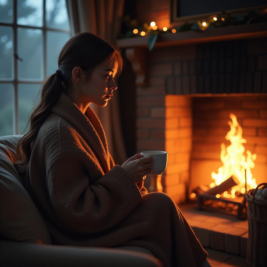  the girl is sitting by the fireplace in the evening with a cup of tea, wrapped in a blanket, and looking at the fire with inspiration. hyperrealistic, full body, detailed clothing, highly detailed, cinematic lighting, stunningly beautiful, intricate, sharp focus, f/1. 8, 85mm, (centered image composition), (professionally color graded), ((bright soft diffused light)), volumetric fog, trending on instagram, trending on tumblr, HDR 4K, 8K