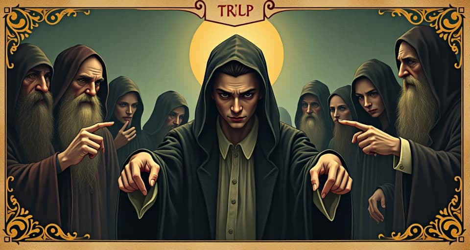  group of figures pointing fingers, central figure looking downtrodden, surrounded, scrutiny. an illustration in the style of a worn, mystical old tarot trump card, mysterious and elements of surrealism. the colors are muted, somber and eerie, but with contrast bring out an occult and esoteric vibe.