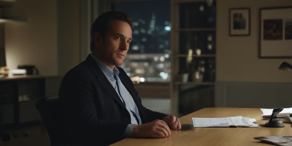 man seated on a table in a office at night