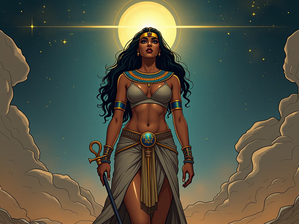  a large busted egyptian woman in tight garments, holding an ankh, standing beneath a celestial sky with guiding stars, symbolizing a beacon for deeper meaning and purpose. the style is digital art illustration / modern comic book / mysterious occult, symbolic, esoteric vibe,high detail on character design, incorporating ancient egyptian symbology and attire.