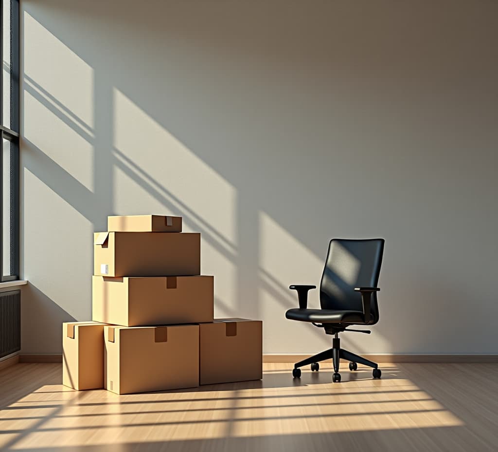  stack of cardboard boxes with stuff and office chair in empty office room. moving to new office, relocating, crisis, remote working, start new business, e commerce concept, high quality, high details, hd, perfect composition, 4k epic detailed, highly detailed, sharp focus, high resolution