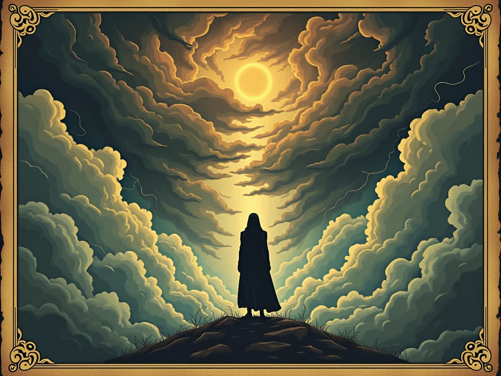  a figure standing amidst swirling clouds of confusion, clarity lost in the storm, turmoil reflected in their eyes, inner conflict, destabilization. an illustration in the style of a worn, mystical old tarot trump card, mysterious and elements of surrealism. the colors are muted, somber and eerie, but with contrast bring out an occult and esoteric vibe.