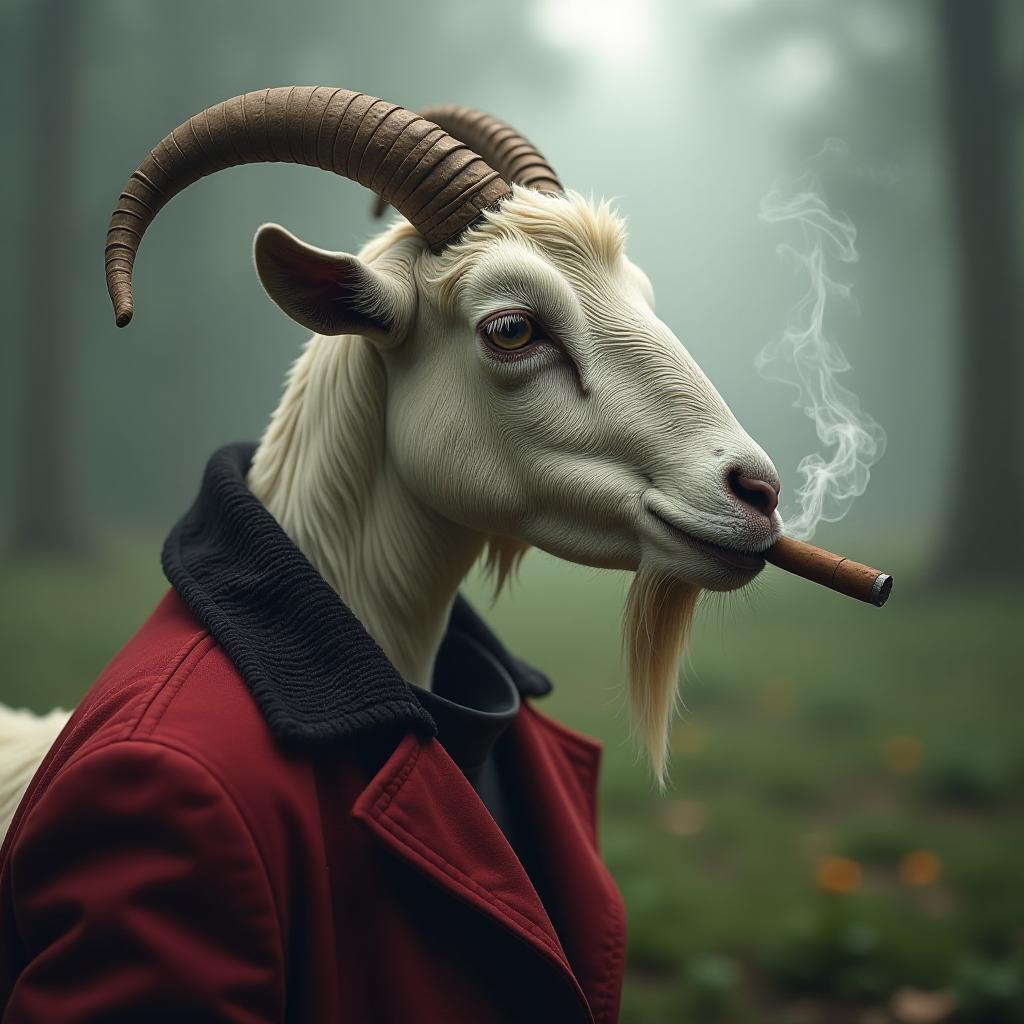  the goat gazes thoughtfully into the distance and smokes a cigar. hyperrealistic, full body, detailed clothing, highly detailed, cinematic lighting, stunningly beautiful, intricate, sharp focus, f/1. 8, 85mm, (centered image composition), (professionally color graded), ((bright soft diffused light)), volumetric fog, trending on instagram, trending on tumblr, HDR 4K, 8K