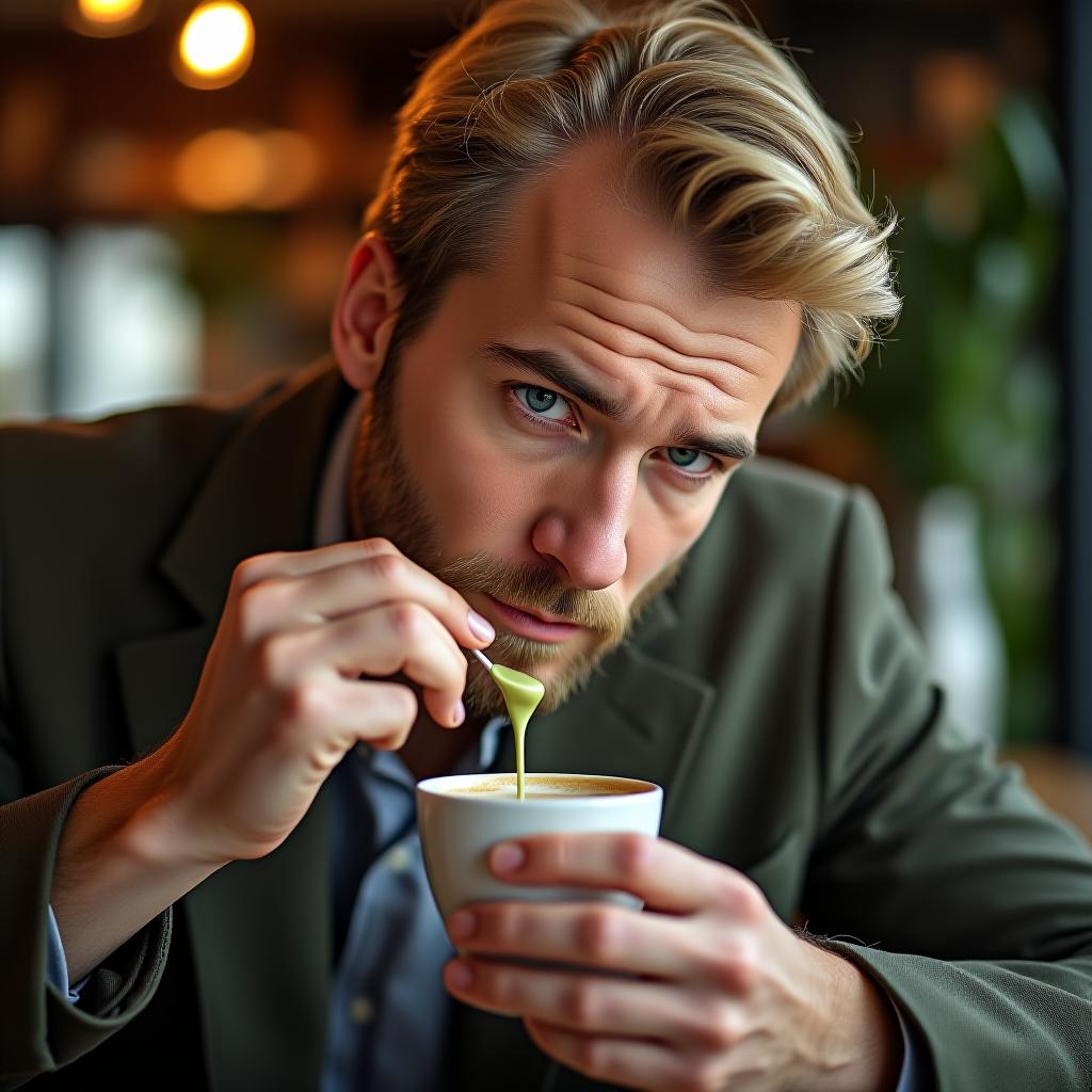  uk man drinking matcha at a cafe, male, british, blonde, adult, masterpiece, best quality