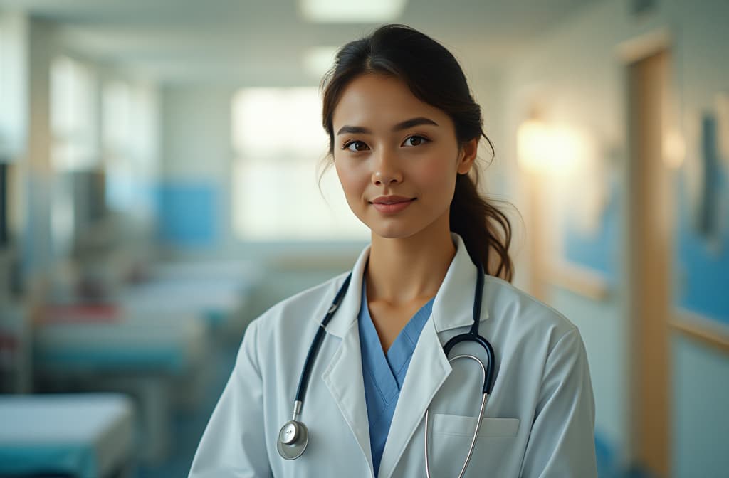  professional detailed photography, girl doctor standing in a bright ward, in medical clothes, sunny day ar 3:2, (muted colors, dim colors, soothing tones), (vsco:0.3)