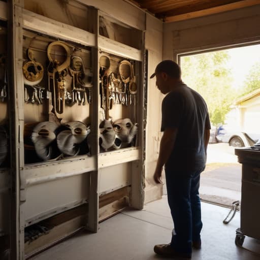 A photo of a skilled technician examining a garage door mechanism in a cozy suburban garage during the late afternoon, with warm sunlight filtering through dusty windows creating a soft, golden glow highlighting the intricate details of the machinery.