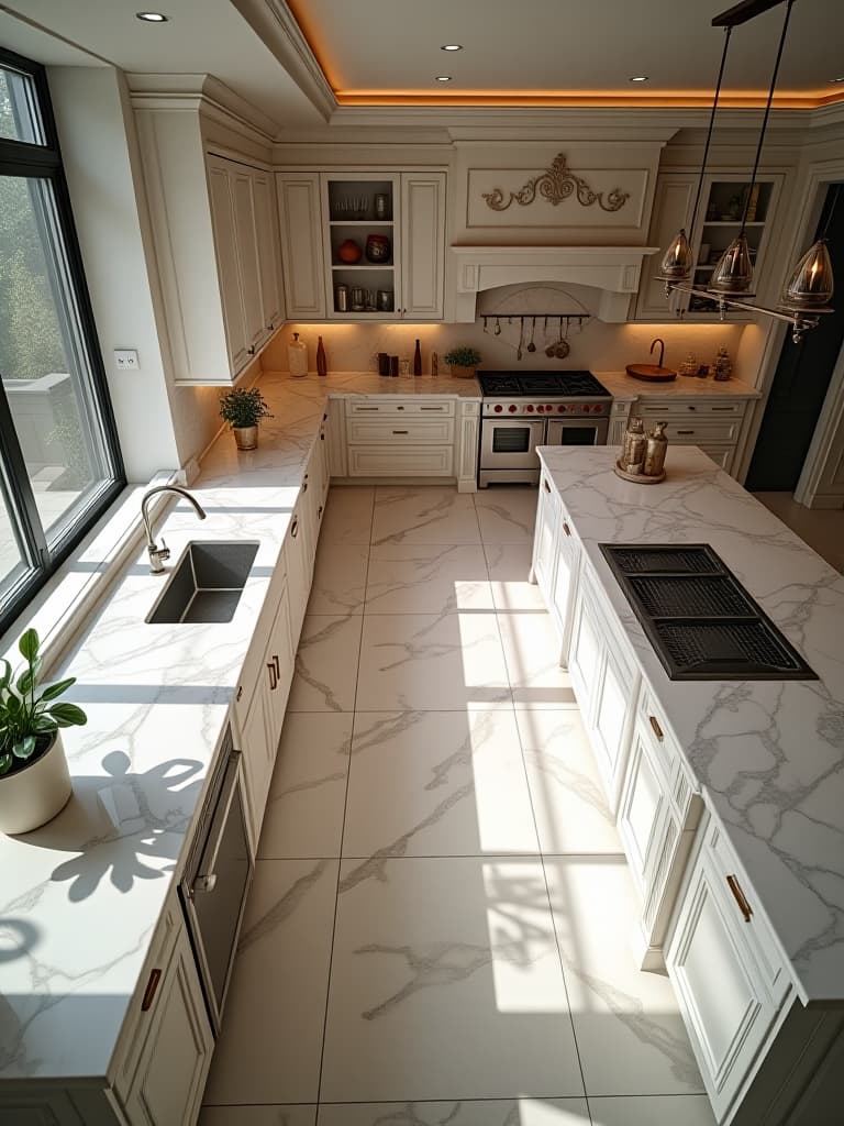  high quality portrait photo of a luxurious kitchen with marble countertops and large format marble tile flooring, photographed from above to highlight the seamless flow of the space hyperrealistic, full body, detailed clothing, highly detailed, cinematic lighting, stunningly beautiful, intricate, sharp focus, f/1. 8, 85mm, (centered image composition), (professionally color graded), ((bright soft diffused light)), volumetric fog, trending on instagram, trending on tumblr, HDR 4K, 8K