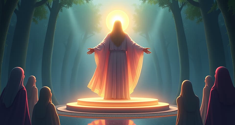  majestic figure in radiant, flowing robes, standing triumphantly on a glowing platform. ethereal forest clearing, otherworldly beings watching in awe, scene of divine justice.. the style is digital art illustration,highly detailed, whimsical,magical, dreamlike atmosphere, realism and fantasy blend, smooth, glossy textures,luminous quality, wonder and enchantment.