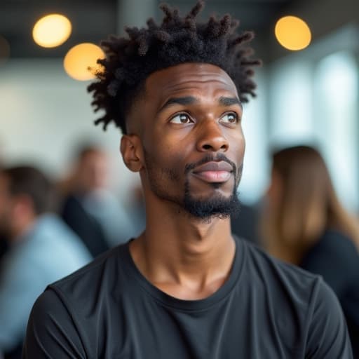  curious facial expression of black young man with t shirt in foreground on the left side of picture, background with people in office talking to each other