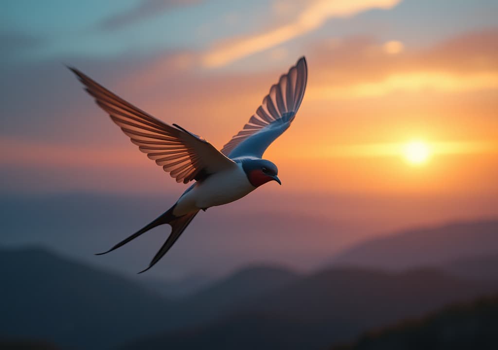  graceful swallow in flight over a serene landscape at dawn, high quality, high details, hd, perfect composition, 4k epic detailed, highly detailed, sharp focus, high resolution