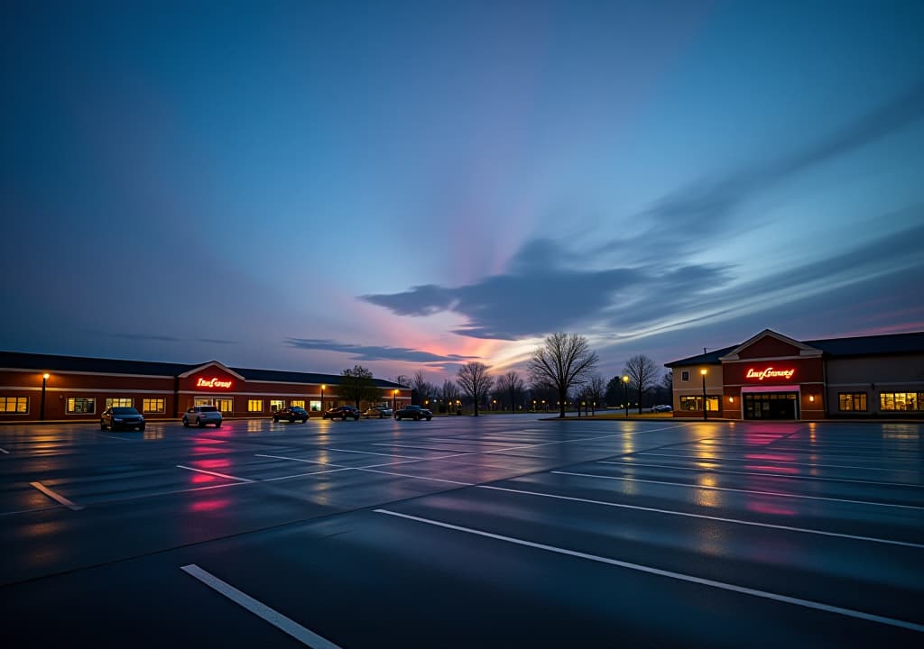  a serene dusk photograph of a parking lot, showcasing a few cars scattered across the empty space, their reflections dancing on the polished surfaces. the sky above is a captivating blend of deep blue, transitioning to lighter hues, with soft pink and white clouds floating gently. the buildings in the background are lit with warm, inviting illumination, their signs casting a soft glow into the calming evening atmosphere. the muted and balanced colors create a sense of tranquility and quietude, reflecting the beauty of a peaceful nightfall