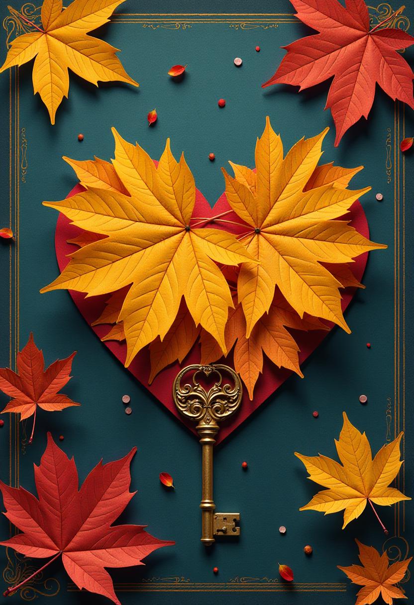  hyperrealistic art ((yellow leaves, late letters 1.8)), ((i return the keys to love)). yellow leaves, late letters, i'm returning the keys to love. (postcard background):falling fall leaves, satin ribbon, letters, keys retro, vintage, greeting card, heart golden orange raza (heart), beautiful figure of maple leaves outlines in the shape of a heart. (heart color): night sky background, gold pattern. (style):fantasy, fall art, fall romance. (colors):gold, green gold, navy blue, red, red gold, brown gold, silver, golden blue, bluish blue. . extremely high resolution details, photographic, realism pushed to extreme, fine texture, incredibly lifelike