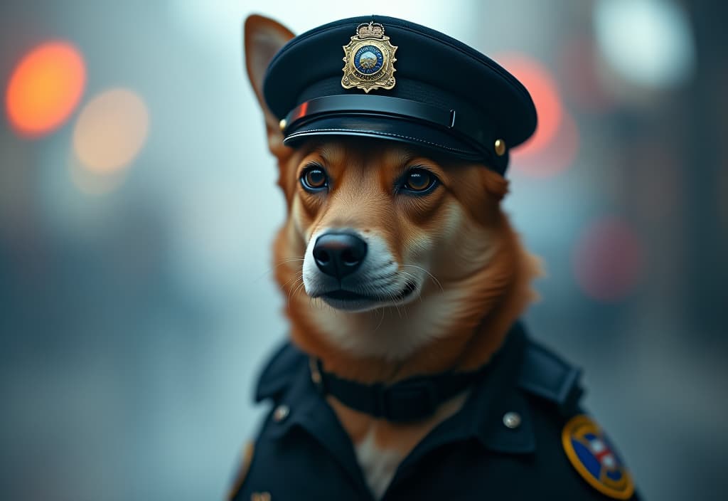  katamaristyle. a dog police officer hyperrealistic, full body, detailed clothing, highly detailed, cinematic lighting, stunningly beautiful, intricate, sharp focus, f/1. 8, 85mm, (centered image composition), (professionally color graded), ((bright soft diffused light)), volumetric fog, trending on instagram, trending on tumblr, HDR 4K, 8K