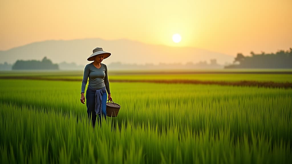  a woman farmer walking in a green rural rice field in the morning