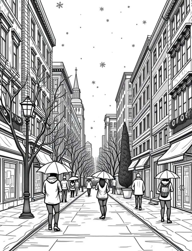  this is for an adult coloring page. a detailed black and white line art of a snowy snowy cityscape with people walking under umbrellas and holiday decorations on a solid white background.