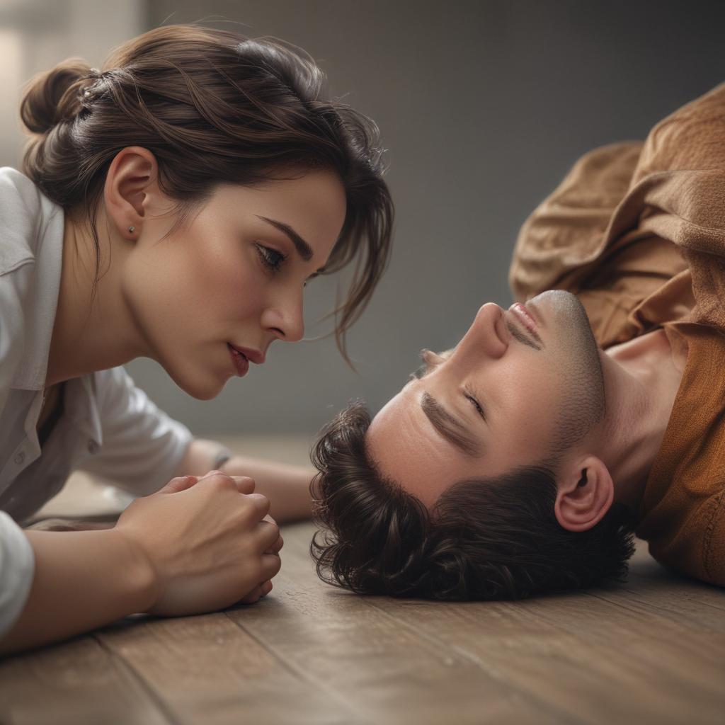 ((masterpiece)),(((best quality))), 8k, high detailed, ultra detailed, A man lying on the floor face up, a woman lying on top of the man, (intense emotions on their faces) hyperrealistic, full body, detailed clothing, highly detailed, cinematic lighting, stunningly beautiful, intricate, sharp focus, f/1. 8, 85mm, (centered image composition), (professionally color graded), ((bright soft diffused light)), volumetric fog, trending on instagram, trending on tumblr, HDR 4K, 8K