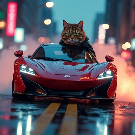  amidst a neon lit cityscape at dusk, envision hemule, the anthropomorphic light brown tabby cat with fierce green eyes, clad in a sleek leather jacket, effortlessly drifting a futuristic supercar around a sharp corner. the car, a gleaming marvel of engineering, leaves a trail of burning rubber on the asphalt, illuminated by the city's glowing lights. hemule's expression is one of focused determination, embodying a rebellious spirit as the edgy persona exudes charisma in this adrenaline fueled moment. the scene captures the convergence of speed, style, and raw energy, set against a backdrop of urban sophistication and nocturnal allure. hyperrealistic, full body, detailed clothing, highly detailed, cinematic lighting, stunningly beautiful, intricate, sharp focus, f/1. 8, 85mm, (centered image composition), (professionally color graded), ((bright soft diffused light)), volumetric fog, trending on instagram, trending on tumblr, HDR 4K, 8K