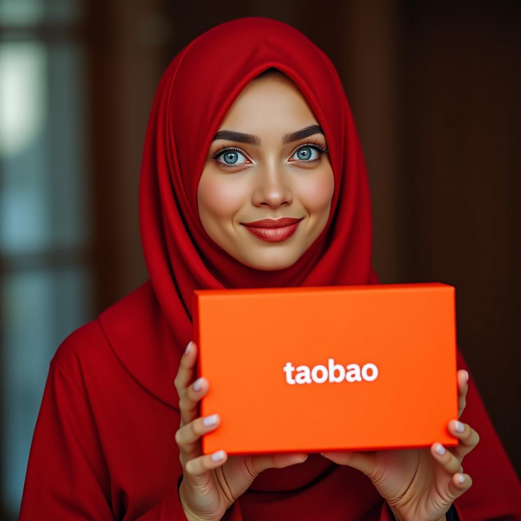  a muslim woman with blue eyes in red holding an orange box with the inscription "taobao."