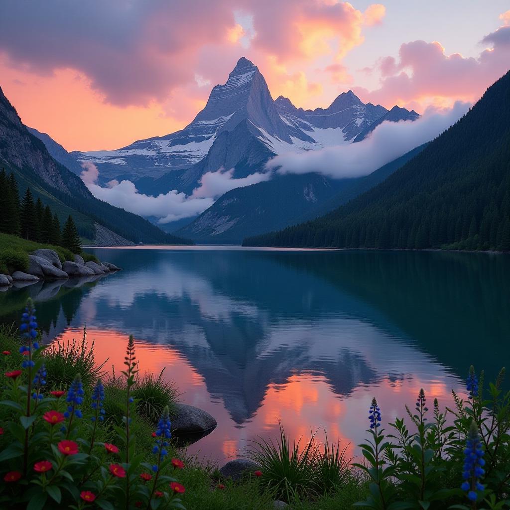  a serene lakeside scene at dusk, featuring a calm lake reflecting the vibrant hues of the sunset, with towering mountains in the background. the perspective is from a reverse angle, capturing the depth of the landscape and emphasizing the natural beauty of the surroundings. the foreground includes lush greenery and wildflowers, while the mountains rise majestically, partially shrouded in mist, creating a picturesque contrast against the tranquil surface of the lake.