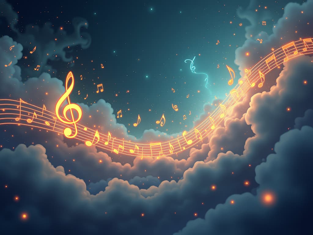  a celestial symphony, glowing musical notes, floating in an ethereal space, serene and magical atmosphere. the style is digital art illustration,highly detailed, whimsical,magical, dreamlike atmosphere, realism and fantasy blend, smooth, glossy textures,luminous quality, wonder and enchantment.