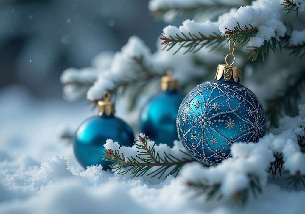  christmas ornaments in blue and gold nestled among snowy branches, capturing the festive holiday spirit., high quality, high details, hd, perfect composition, 4k epic detailed, highly detailed, sharp focus, high resolution