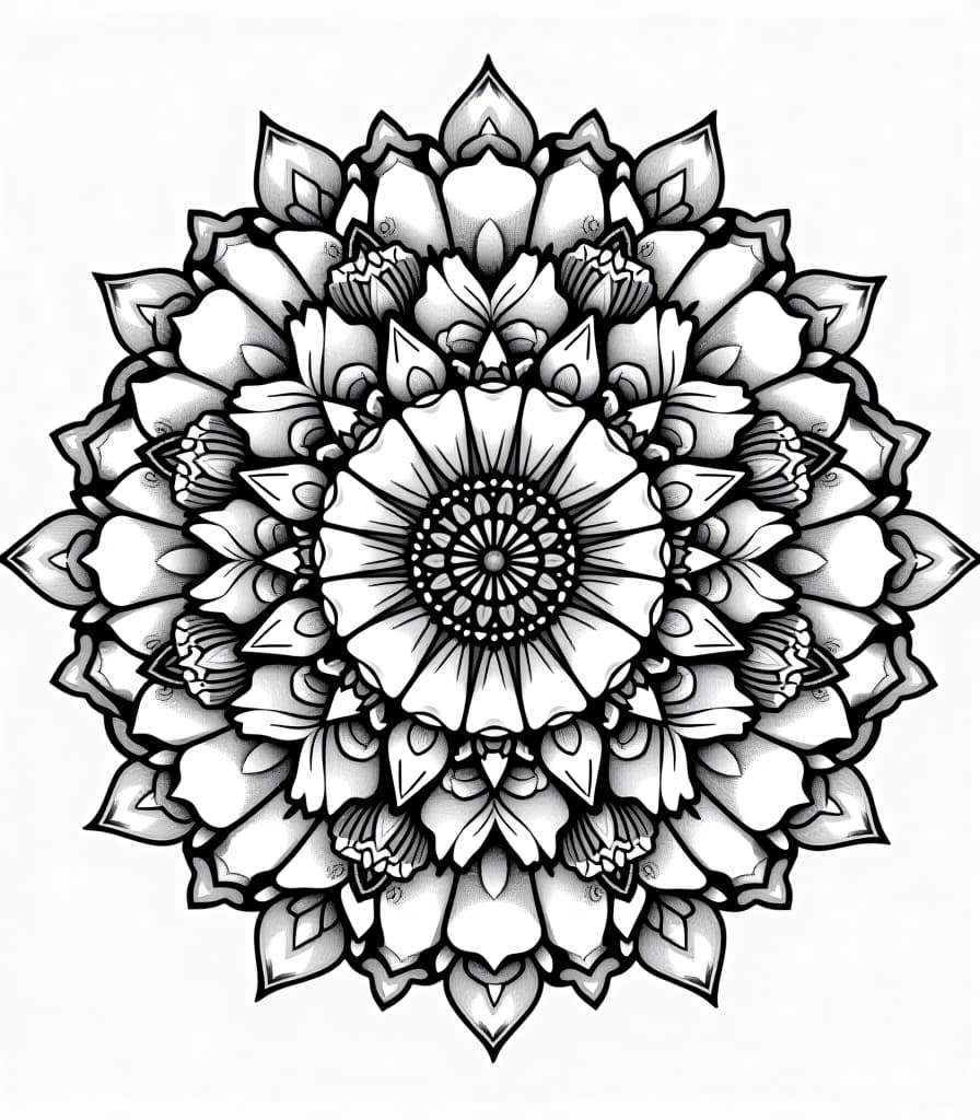  (elegant digital artwork:1.2) (chamomile flowers:1.1) intricately surrounded by a (central mandala design:1.3), illustrated with (an ink fountain pen:1.3) to achieve (rich black and white contrasts:1.2). the piece highlights (intricate linework:1.3) and (shading techniques:1.2) that add depth and character, creating a stunning (zendala masterpiece:1.3). the artwork is contained within a (stylish simple frame:1.1), enhancing its artistic appeal and inviting the viewer into its captivating details.