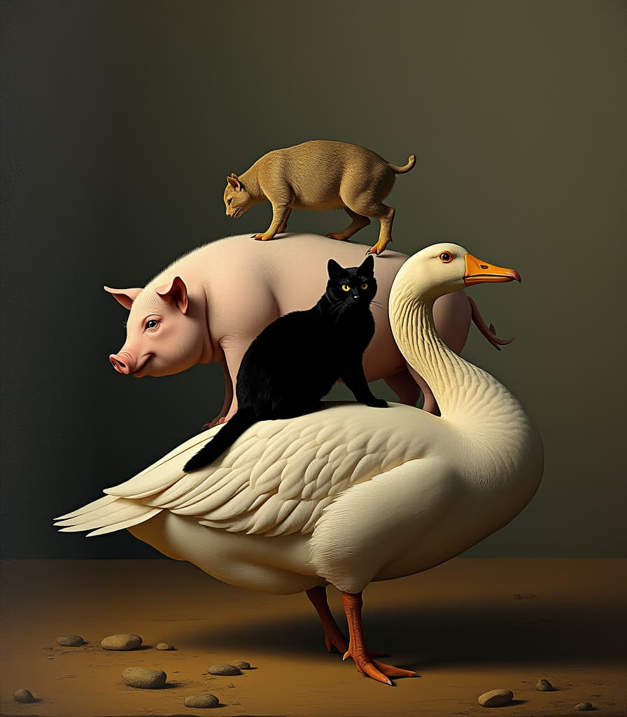  concept art (masterpiece, oil painting:1.2), live pyramid a pig, on it a goose, on the goose a black cat, close up, vintage poster, high attention to fine detail, perfect pose following the rules of thirds and the golden ratio, high resolution, high detailing . digital artwork, illustrative, painterly, matte painting, highly detailed hyperrealistic, full body, detailed clothing, highly detailed, cinematic lighting, stunningly beautiful, intricate, sharp focus, f/1. 8, 85mm, (centered image composition), (professionally color graded), ((bright soft diffused light)), volumetric fog, trending on instagram, trending on tumblr, HDR 4K, 8K