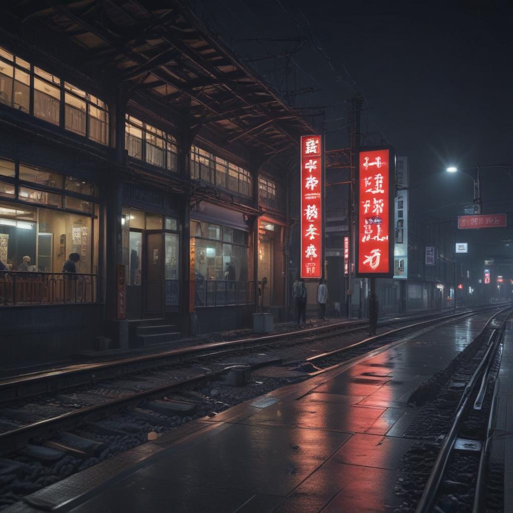 ((masterpiece)),(((best quality))), 8k, high detailed, ultra detailed, A Japanese sign at Zhongli Train Station, (illuminated at night), (crowds of people passing by), (modern architecture in the background), (neon lights shining), (train tracks in the foreground) hyperrealistic, full body, detailed clothing, highly detailed, cinematic lighting, stunningly beautiful, intricate, sharp focus, f/1. 8, 85mm, (centered image composition), (professionally color graded), ((bright soft diffused light)), volumetric fog, trending on instagram, trending on tumblr, HDR 4K, 8K