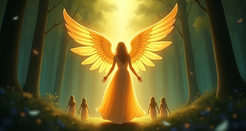  a radiant angel with golden wings guiding a group of ethereal beings through a dense, magical forest. the light from her wings dispels shadows, leading them towards a bright, unified light, gentle guidance, luminous unity.. the style is digital art illustration,highly detailed, whimsical,magical, dreamlike atmosphere, realism and fantasy blend, smooth, glossy textures,luminous quality, wonder and enchantment.