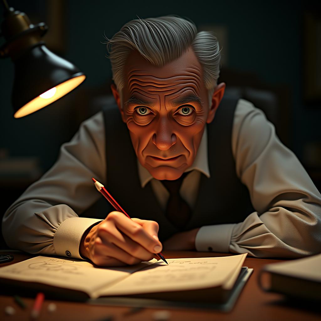  create a high quality, photorealistic image that vividly depicts the following scene: an intense, close up portrait of walt disney, defined wrinkles of aspiration etched across his face, eyes burning with ambitious dreams and a fiery resolve, unyielding under countless rejections. he's surrounded by sketch filled notebooks and pencil stubs, remnants of a hard day's work. the scene is awash in the dim glow of a solitary desk lamp, casting long shadows across his space. retro office setup from the 1920s, captured with a crisp medium format film camera, hasselblad h6d 100c, zeiss lens, f/2, iso 100, 1/60s, 100mp, raw, unedited, natural lighting, rule of thirds, high resolution. the image should: focus on the specific actions, e hyperrealistic, full body, detailed clothing, highly detailed, cinematic lighting, stunningly beautiful, intricate, sharp focus, f/1. 8, 85mm, (centered image composition), (professionally color graded), ((bright soft diffused light)), volumetric fog, trending on instagram, trending on tumblr, HDR 4K, 8K