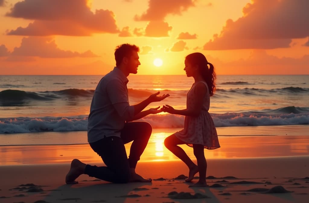  man proposing to girl on beach at sunset ar 3:2 {prompt}, maximum details