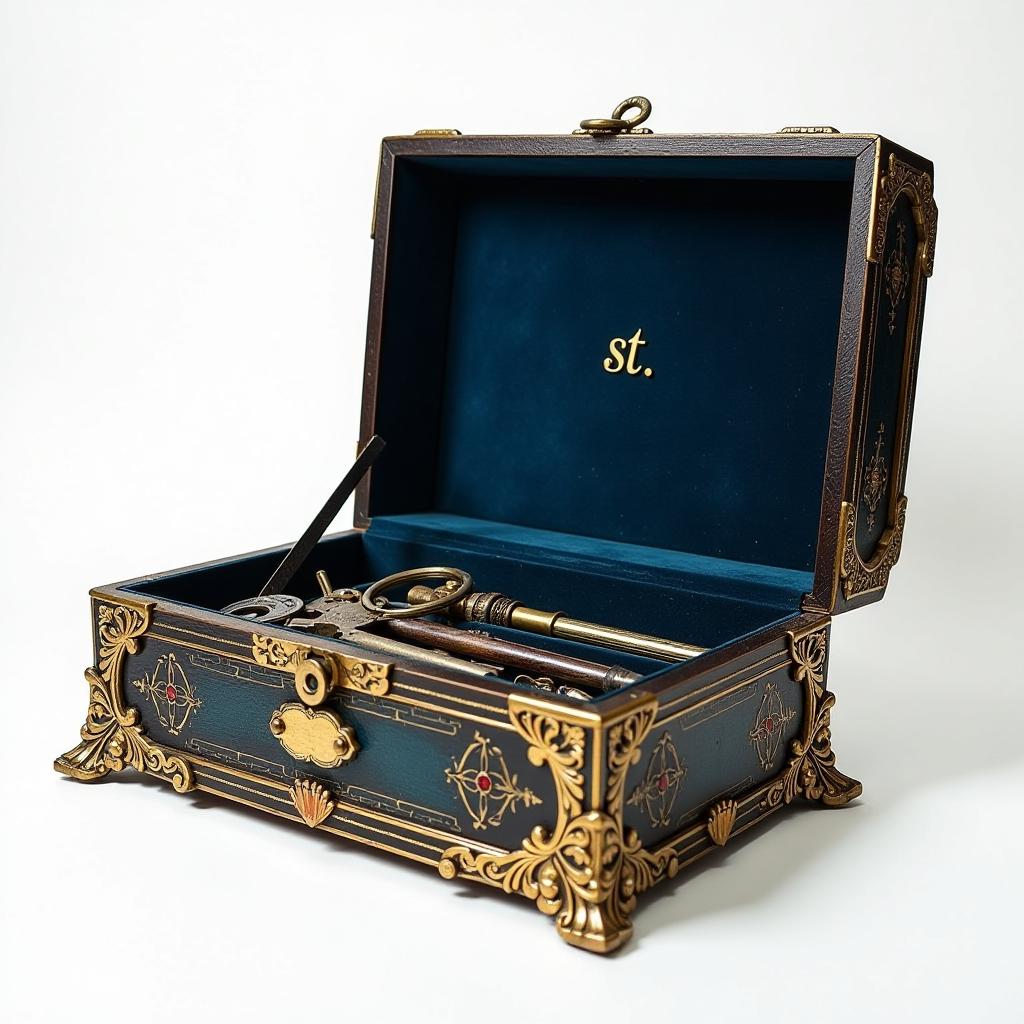  i look into a large, open, ancient, elegant box with a gold edging inlaid with emeralds, sapphires, rubies stuffed with keys and tools. located flat, full face, right in front of my face inside a dark blue velour. on the case of the box is a tag that says "st" in gold. clear image of white background