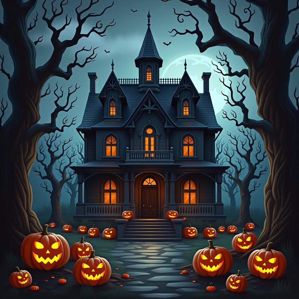  create a seamless digital painting of a spooky, halloween themed scene featuring a haunted house with gothic architecture. the house should be surrounded by twisted, gnarled trees and a multitude of jack o' lanterns. the scene should include a dark, cloudy sky to enhance the eerie atmosphere. the overall style should be detailed and atmospheric, capturing the essence of a haunted, creepy environment perfect for halloween, ensuring the design is seamless for use in repeating patterns or wraps.