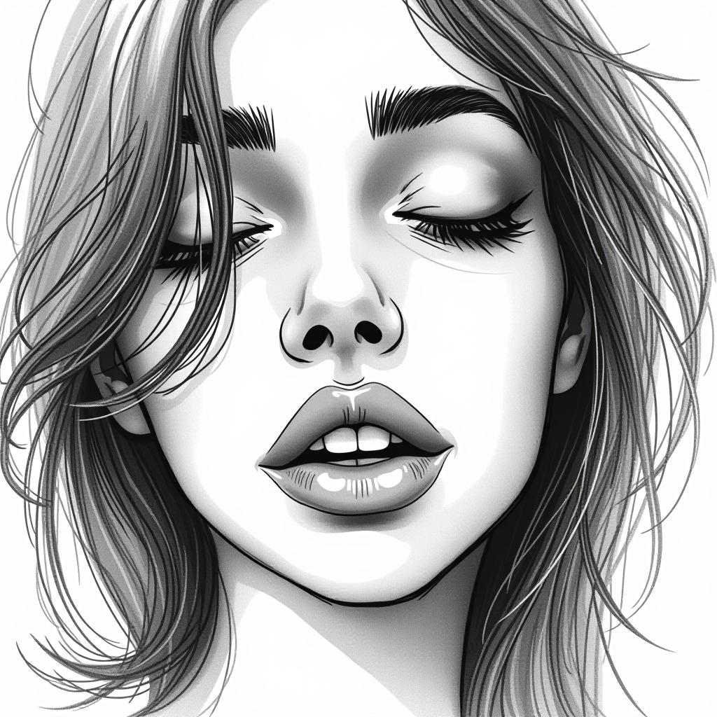  sketch of a woman's face, expressive line work, in the style of beautiful portraits, include the finest details, black and white, monochrome, full face in view.